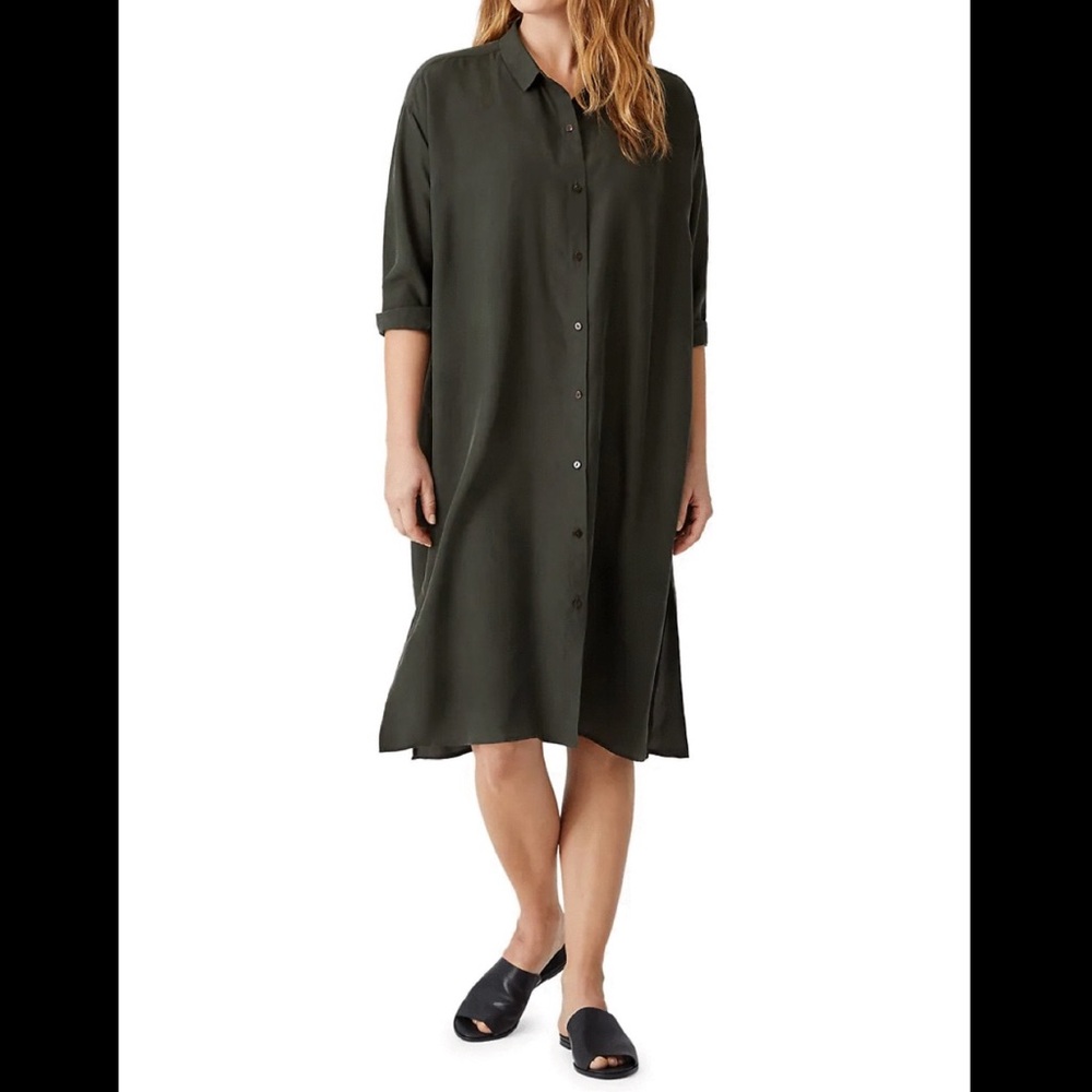 Eileen Fisher Classic Collar Side Slit Silk Dress Size Medium